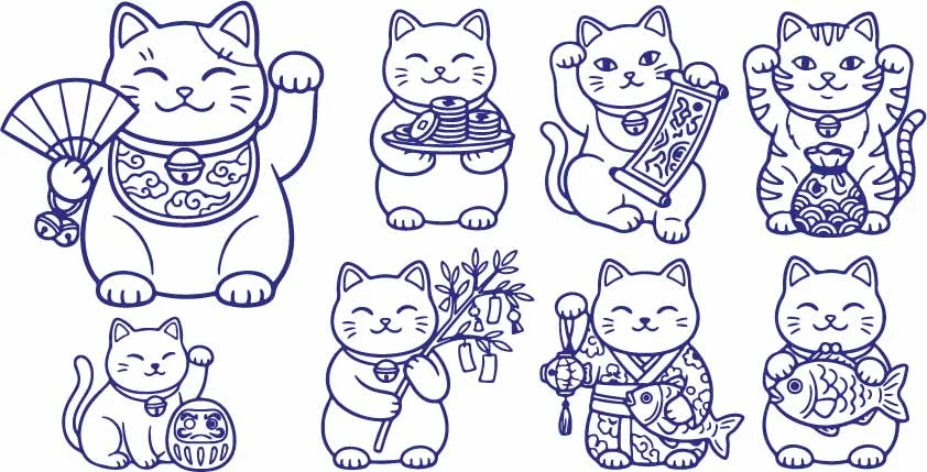 Japanese Maneki Neko Lucky Beckoning Cat Doodles Free Vector