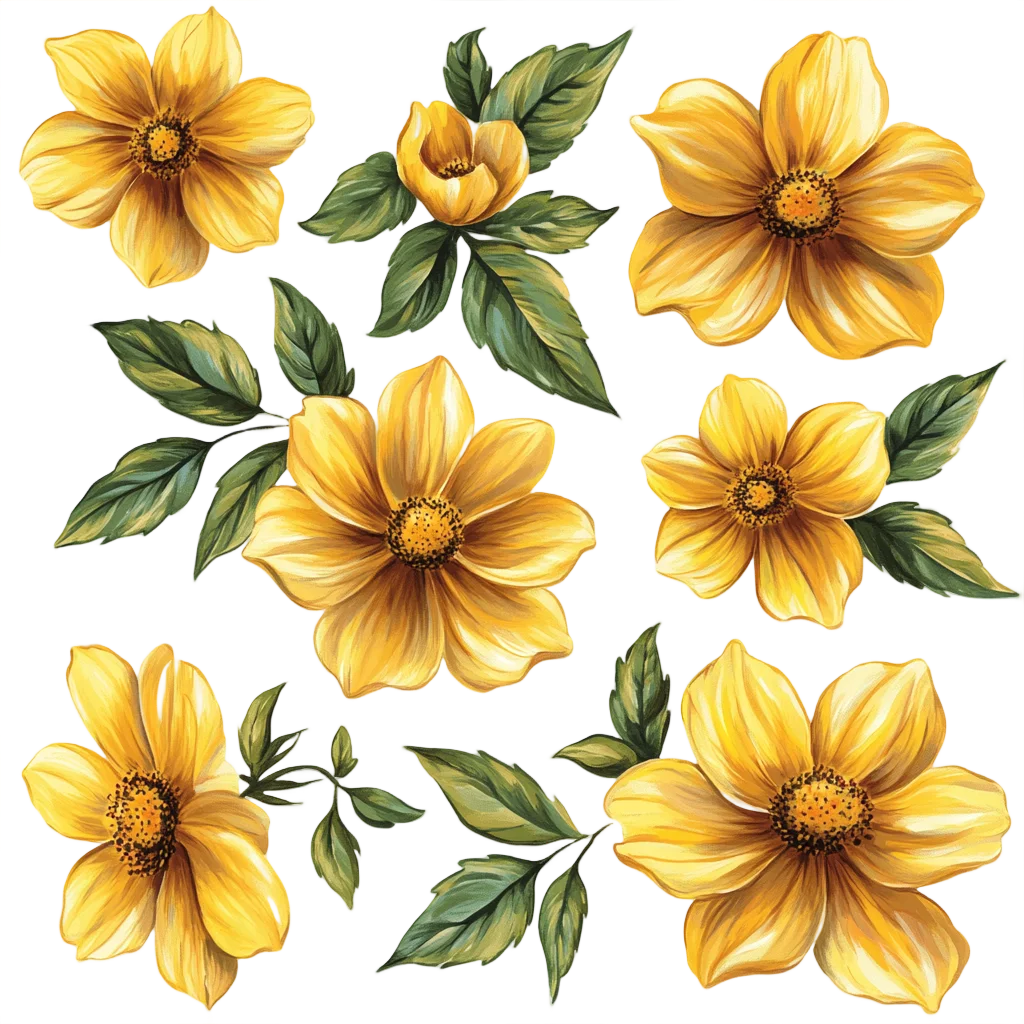Golden Yellow Flower Blossoms And Leaves Pattern Free PNG