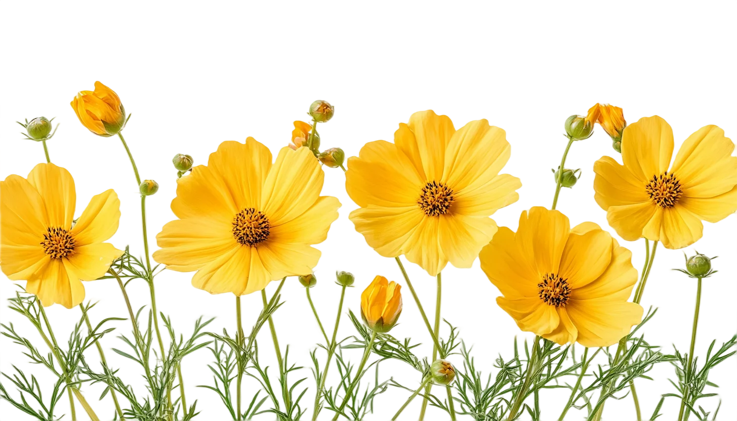 Bright Yellow Cosmos Flower Blossoms On Stems Free PNG
