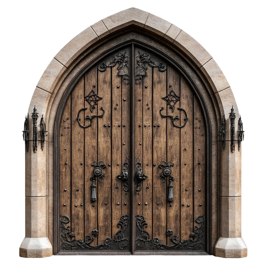 Gothic Arched Wooden Castle Door With Stone Frame Free PNG