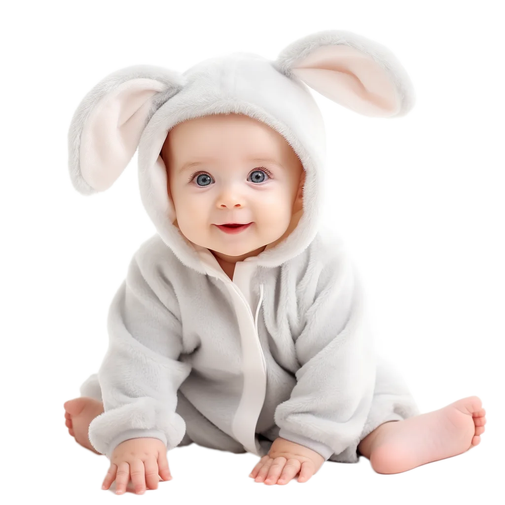 Sweet Baby Sitting in Grey Bunny Outfit Free PNG