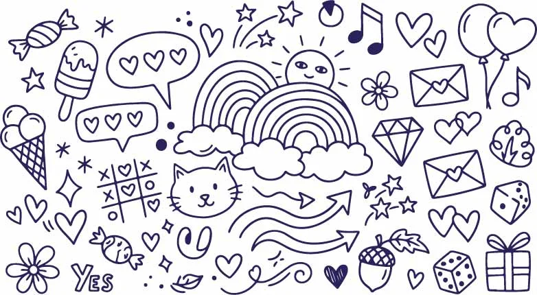 Smiling Sun Rainbow Clouds And Cute Cat Face Doodles Free Vector
