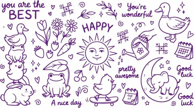 Happy Garden Sunshine Frog And Skateboarding Bird Doodles Free Vector