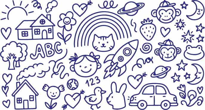 Cute Rainbow Rocket Ship And Children Play Fun Doodles Free Vector