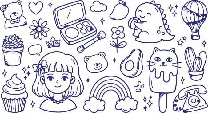 Anime Girl Portrait Makeup Compact And Avocado Doodles Free Vector