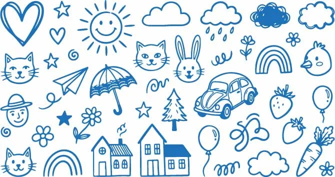 Suburban Village Houses Cute Pets And Rain Umbrella Doodles Free Vector