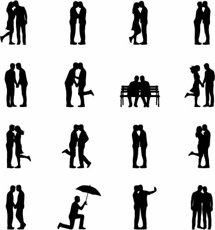 Romantic Couples Kissing And Embracing Silhouette Poses Free Vector