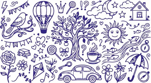 Hot Air Balloon Flourishing Oak Tree And Car Doodles Free Vector