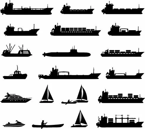 Marine Cargo Ships Submarines And Naval Boat Silhouettes Free Vector