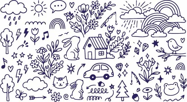 Countryside Cottage Bunny Rabbits And Retro Car Doodles Free Vector