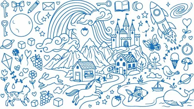 Fairytale Mountain Castle And Galloping Pegasus Doodles Free Vector