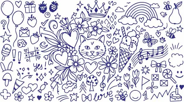 Sweet Kitten Ice Cream Cone And Royal Crown Doodles Free Vector