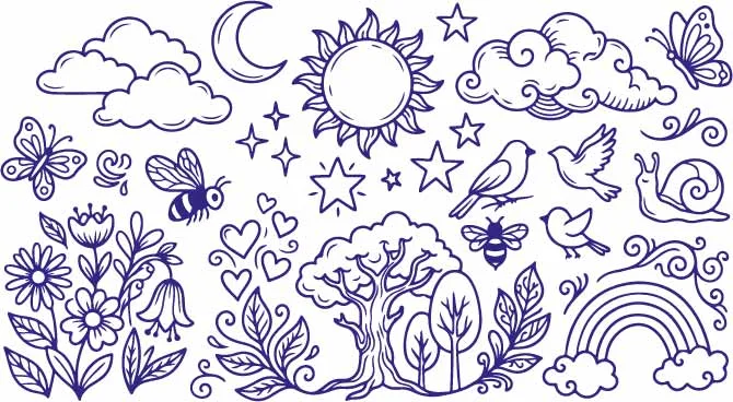 Radiant Sunshine Singing Bird And Forest Tree Doodles Free Vector