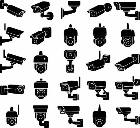CCTV Surveillance Security Camera Icons Silhouettes Free Vector