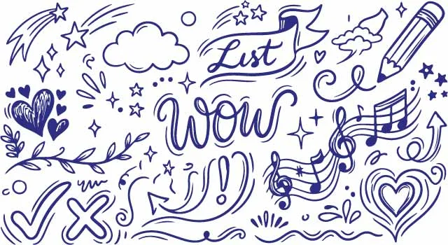 Positive Wow Lettering Music Notes And Arrow Doodles Free Vector