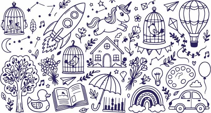 Magical Flying Unicorn Space Rocket And Birdcage Story Doodles Free Vector