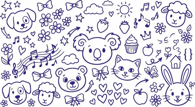 Cute Koala Bear Happy Cat Face And Sweet Cupcake Doodles Free Vector