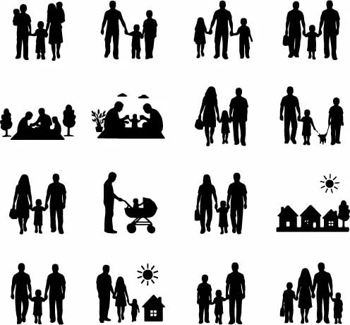 Happy Family Parents And Children Walking Silhouettes Free Vector