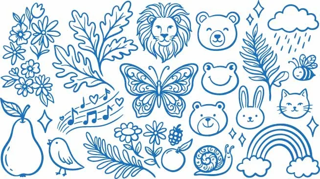 Wild Safari Animals Lion Bear And Butterfly Nature Doodles Free Vector