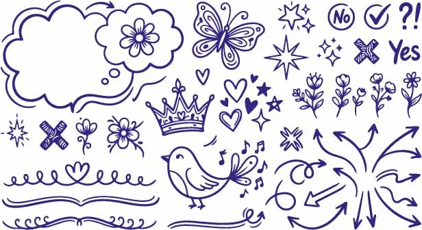 Sweet Singing Bird Fluttering Butterfly And Love Hearts Doodles Free Vector