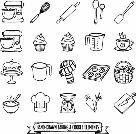 Hand Drawn Bakery Tools Kitchen Utensils Line Art Doodles Free Vector