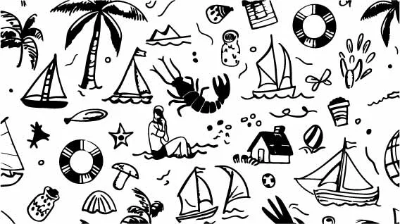 Nautical Coast Lobster and Ships Free Vector Pattern