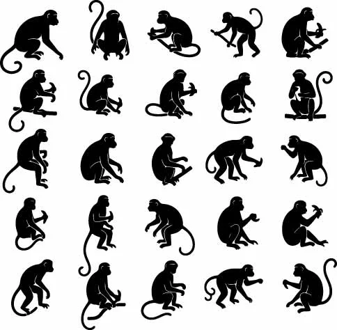 Playful Wild Monkey Silhouettes In Tree Climbing Poses Free Vector
