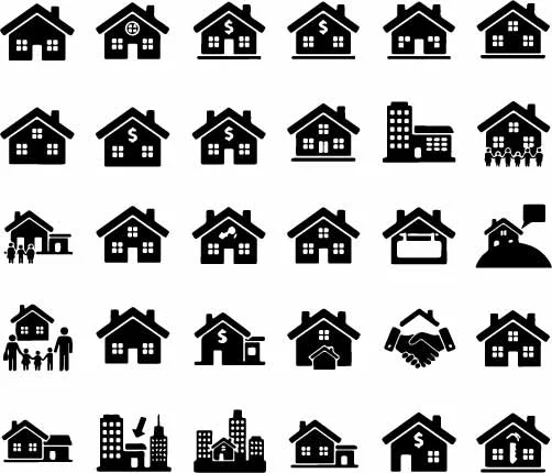 Real Estate House Icons And Suburban Home Silhouettes Free Vector