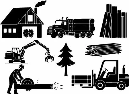 Forestry Industry Logging Machinery And Timber Trucks Free Vector