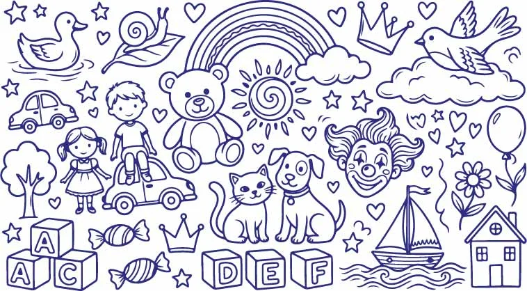 Childhood Toys Teddy Bear And Happy Rainbow Line Art Doodles Free Vector