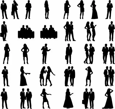 Cocktail Party People And Evening Couple Silhouettes Free Vector