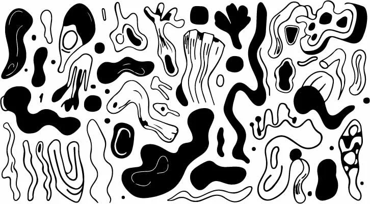 Abstract Liquid Ink Splatter Blobs And Line Art Pattern Free Vector