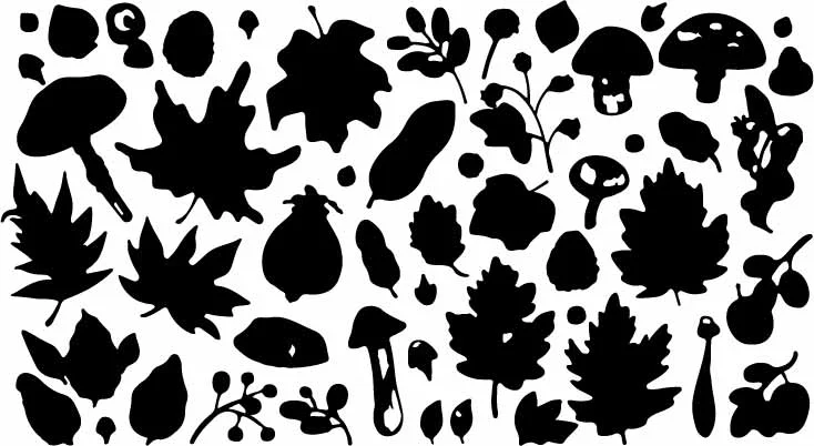 Autumn Forest Oak Leaves Acorns And Mushroom Silhouettes Free Vector
