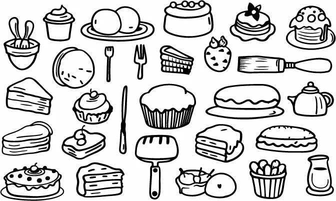 Sweet Bakery Desserts Cupcakes And Fruit Pie Line Art Free Vector