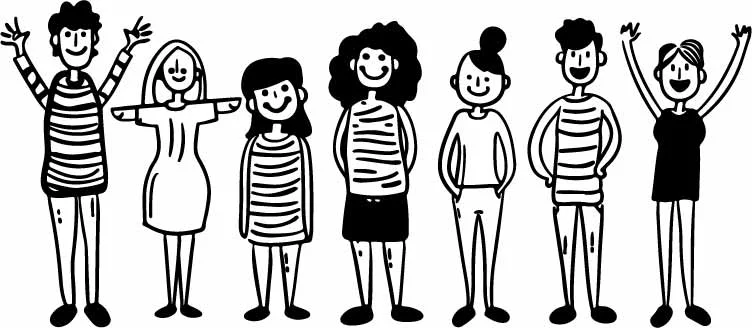 Cute Cartoon Kids And Smiling Friends Standing Line Art Free Vector
