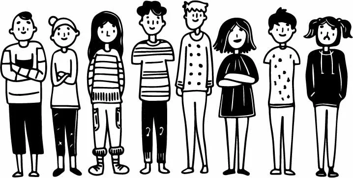 Standing Cartoon Friends Group Characters Line Art Free Vector