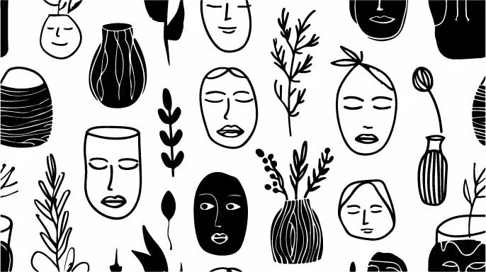 Abstract Minimalist Woman Faces And Floral Vase Art Free Vector