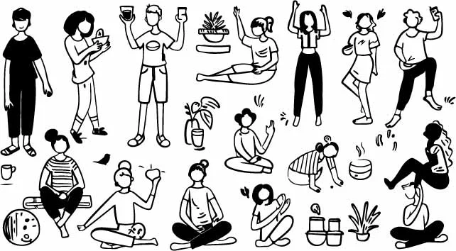 Relaxing People Mindful Lifestyle And Yoga Pose Doodles Free Vector
