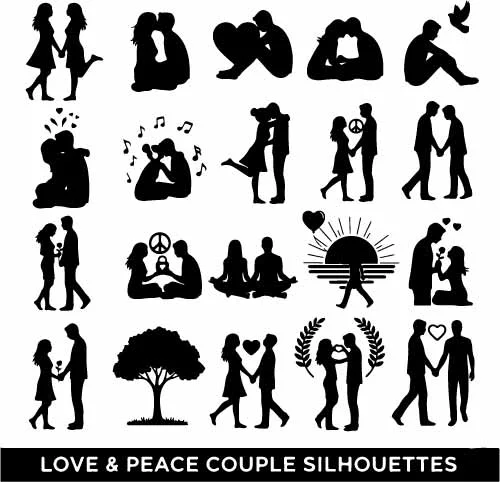 Romantic Lovers Couple Silhouettes In Love And Peace Poses Free Vector