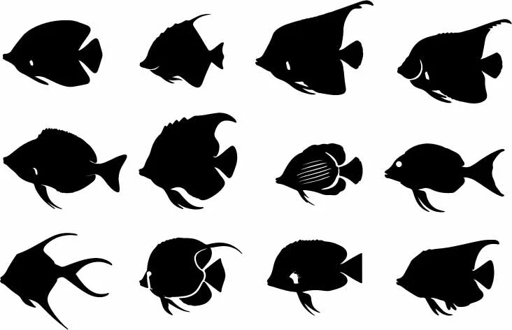 Tropical Aquarium Fish Silhouettes And Coral Reef Wildlife Free Vector