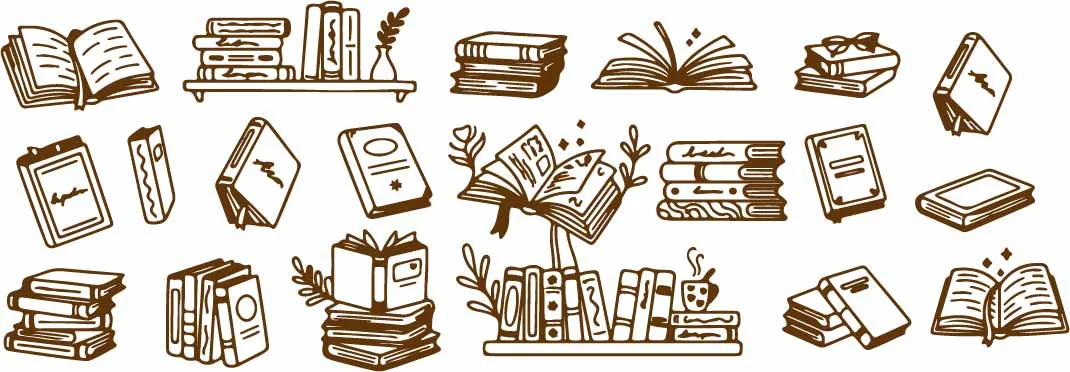 Vintage Bookshelf And Open Reading Books Line Art Free Vector
