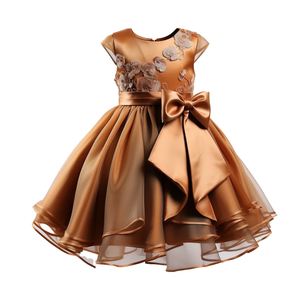 Girls Bronze Satin Tiered Ruffle Holiday Dress Free PNG