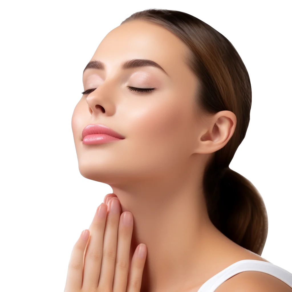 Radiant Beauty Model Touching Neck Soft Skin Pose Free PNG