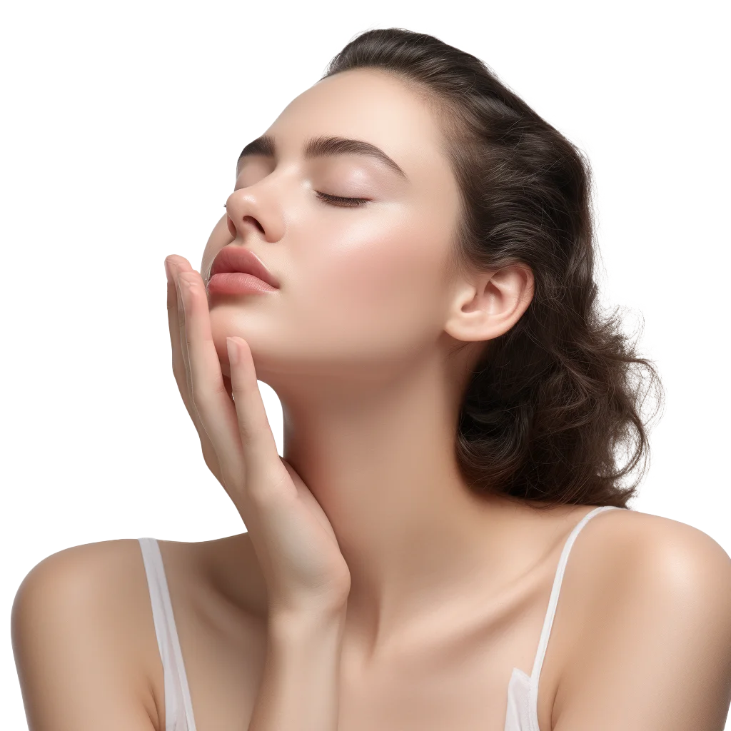 Brunette Woman In White Tank Top Touching Cheek Free PNG