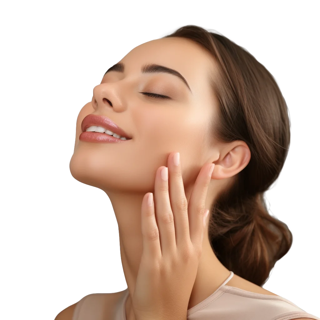 Smiling Woman Closed Eyes Touching Neck Beauty Free PNG