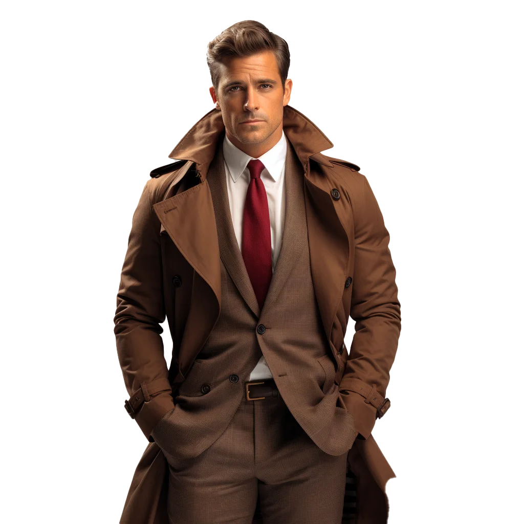 Handsome Businessman In Brown Overcoat And Red Tie Free PNG