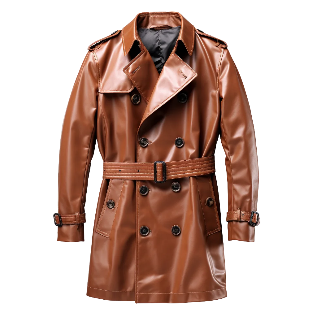 Womens Brown Leather Belted Trench Coat Outerwear Free PNG