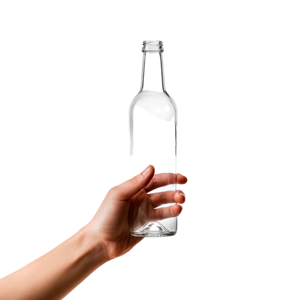Hand Presenting Empty Clear Glass Drink Bottle Free PNG