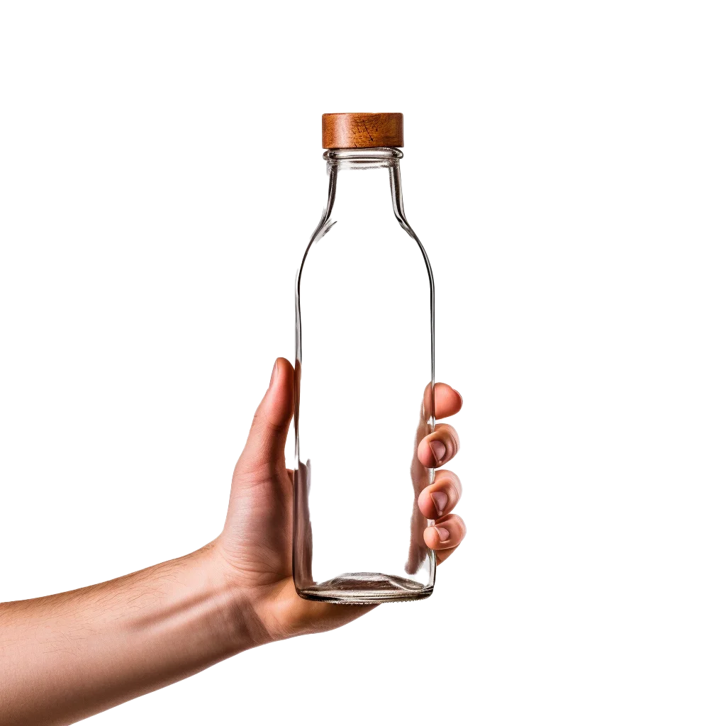 Hand Gripping Clear Glass Bottle With Cork Stopper Free PNG