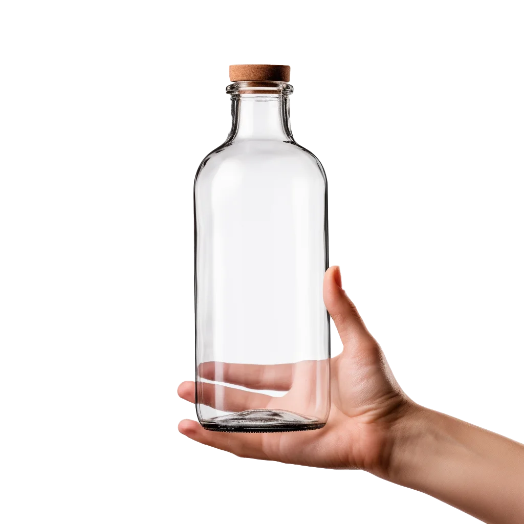 Hand Holding Wide Clear Glass Bottle With Cork Free PNG